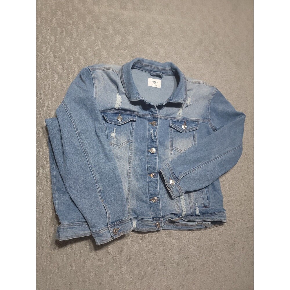Rue21 Denim Jacket Womens 3X Blue Distressed Cotton Blend Button Front Outerwear